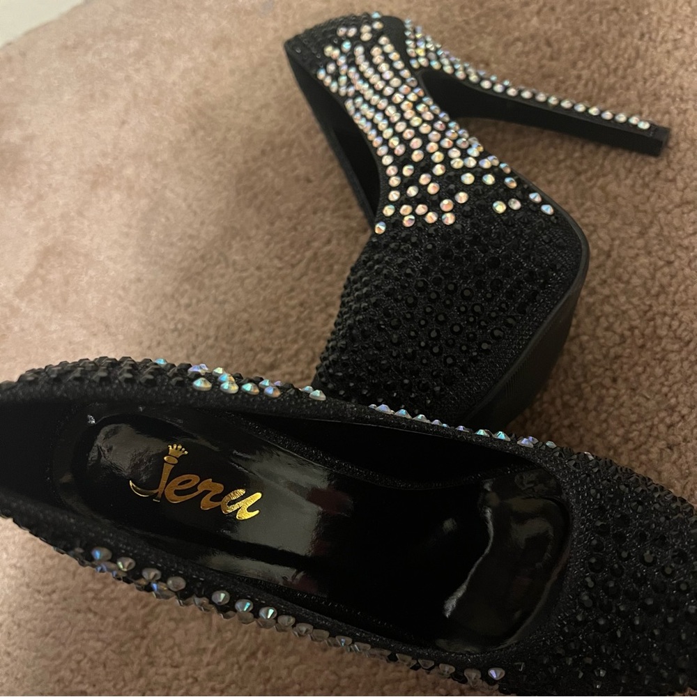 Jeru Black Sparkle Rhinestone Dress High Stiletto Platform Pumps US Size 5 1/2 - Picture 8 of 9